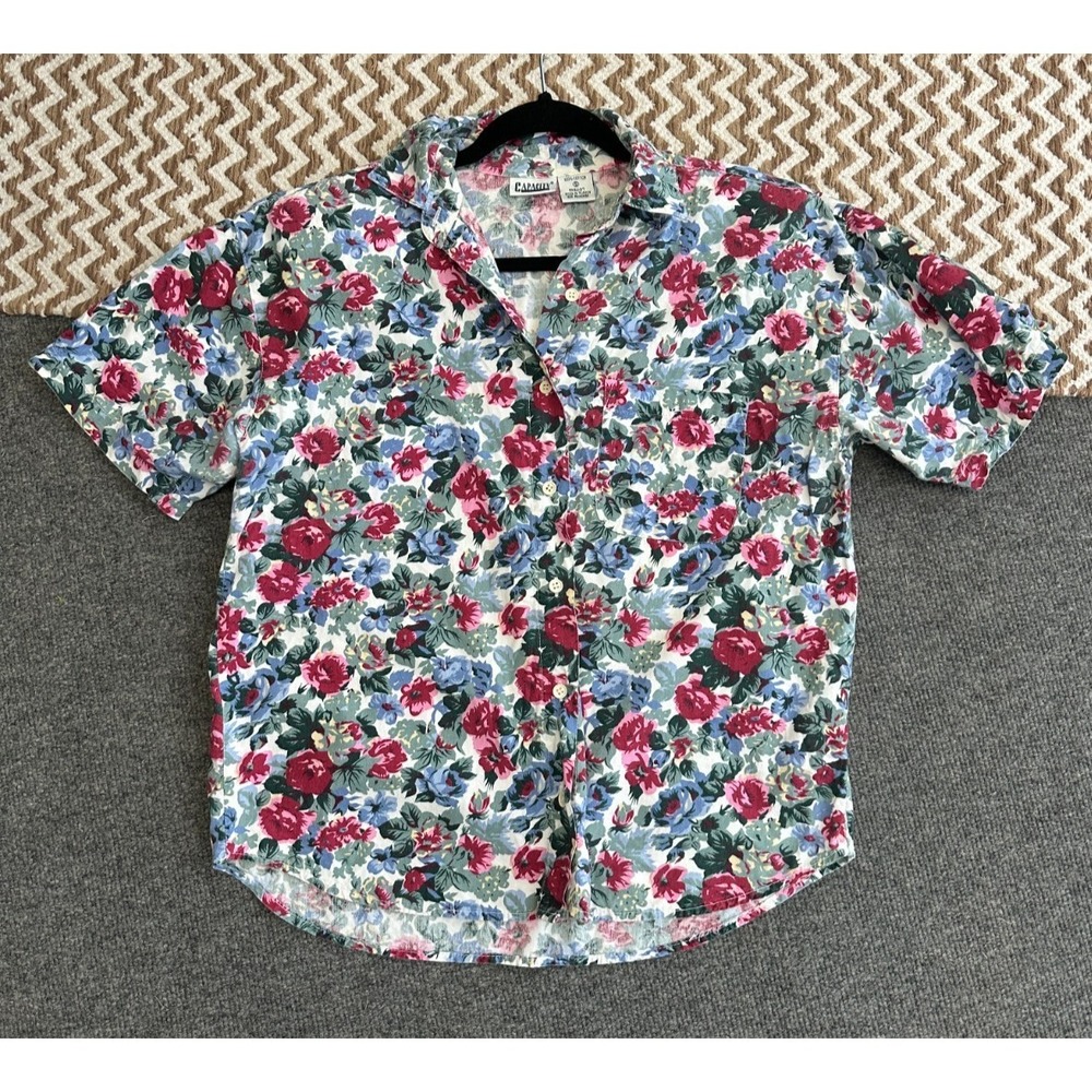 Vtg Button Up Shirt Womens‎ S Bright Floral Granny 80's Colorful Tropical Cotton